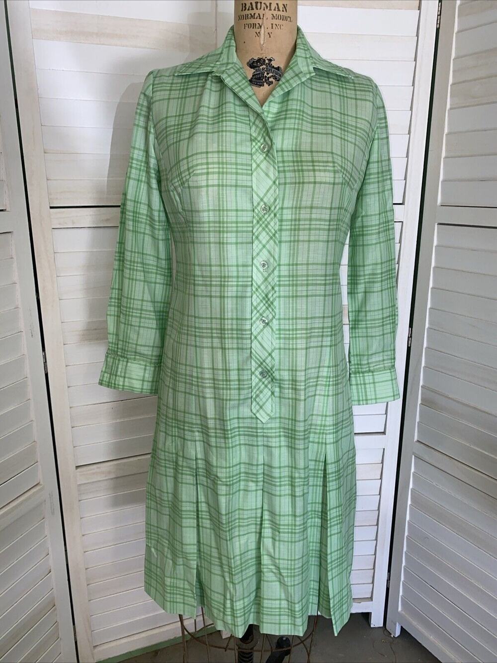 Vintage 60/70s Serbin Of Florida Shirt Dress Plaid Cotton Drop Waist Pleated Med